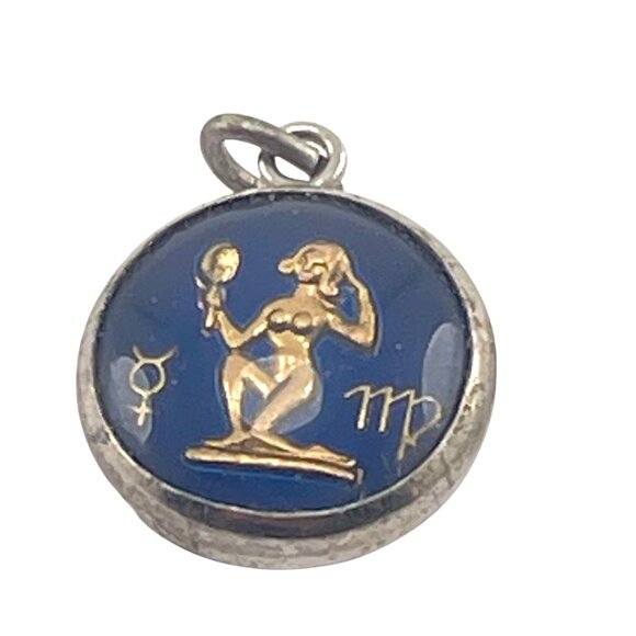 Virgo Zodiac Pendant Charm Glass Bubble Blue Sterling Enamel Astrology Jewelry S - Picture 2 of 6